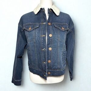 NWT Style & Co Blue Denim Jean Sherpa Jacket Women Oversized XS